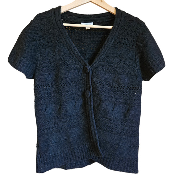 Garnet Hill Short Sleeve Cartigan Sweater Lambswool Black Women's Large - Picture 1 of 8